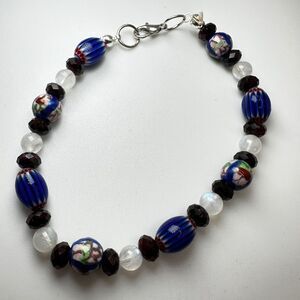 Stunning cloisonné, garnet, moonstone, and ceramic beaded bracelet!